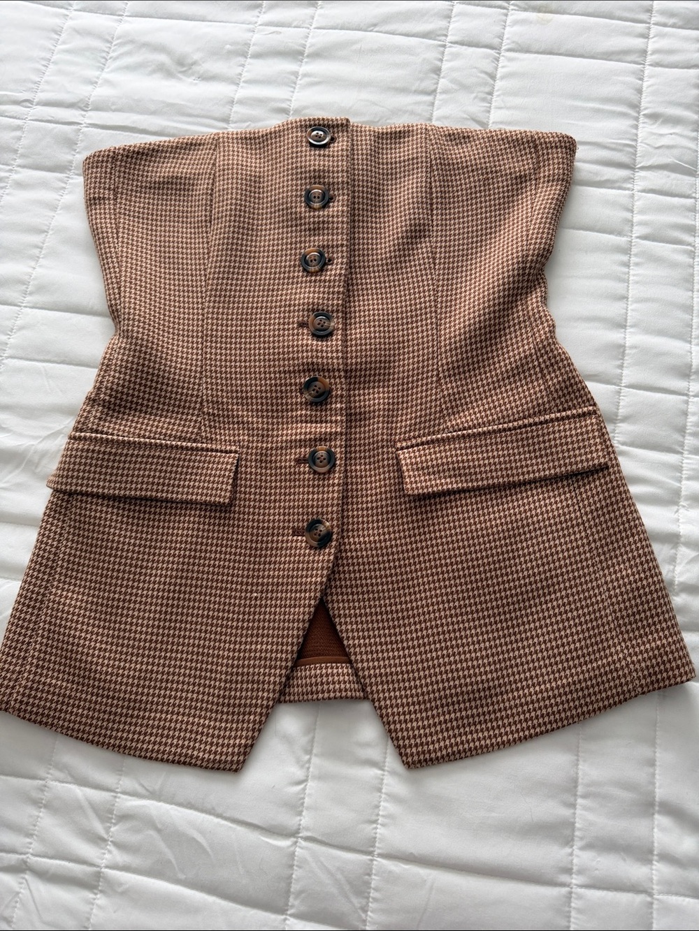Favorite Daughter Brown Houndstooth Strapless Button Front Top size 12